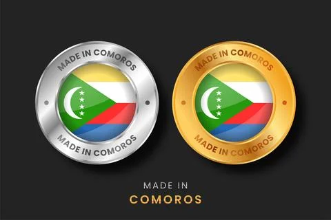Made in Comoros Flag Badge Set Gold and Silver Round Quality Seals for Expo.. Stock Illustration