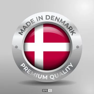 Made in Denmark Label, Logo, Stamp Round Flag of Nation with 3D Silver Stock Illustration