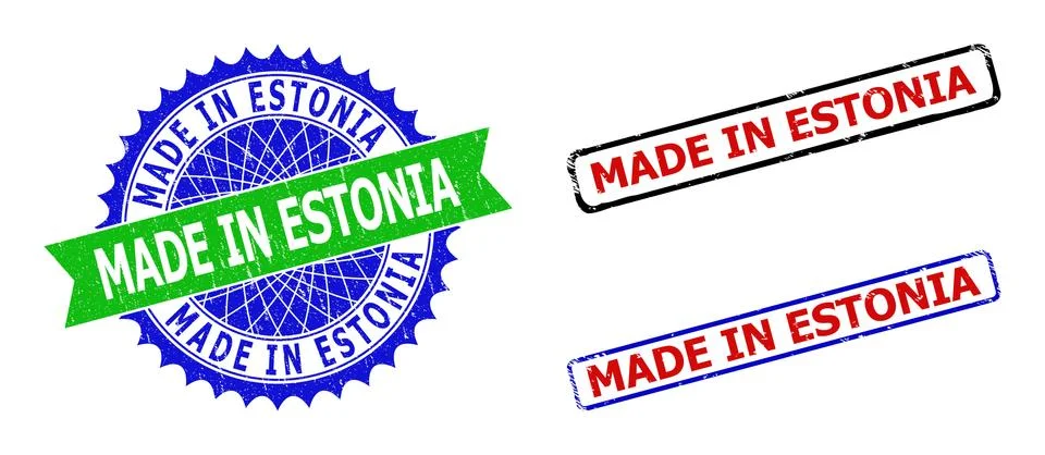 MADE IN ESTONIA Rosette and Rectangle Bicolor Stamp Seals with Rubber Styles Stock Illustration