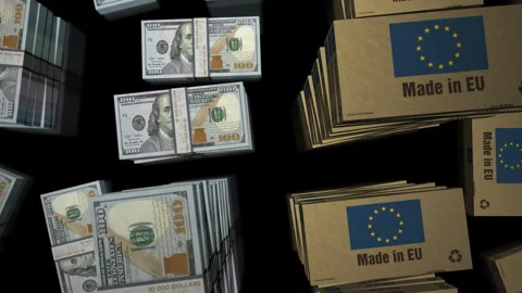 Made in EU European Union box with Dollar money pack loop 3d Stock Footage 334857375