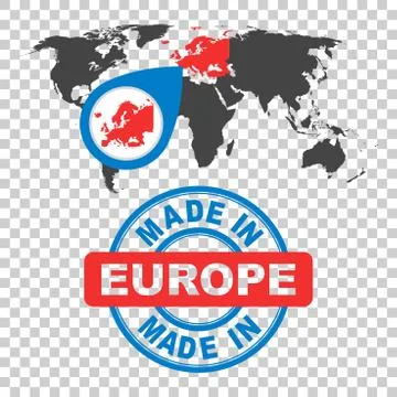 Made in Europe stamp. World map with red country. Vector emblem in flat style Stock Illustration