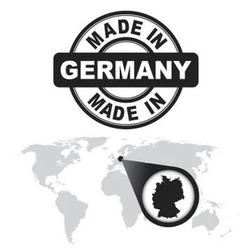 Made in Germany stamp. World map with zoom on country. Vector emblem in flat  Stock Illustration