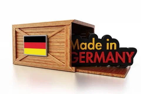 Made in Germany text inside cargo box with German flag. 3D illustration Ma... Foto stock