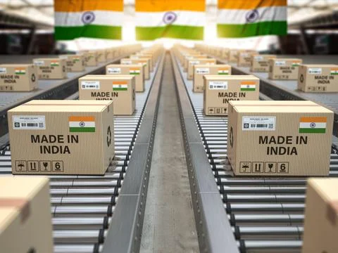 Made in India. Cardboard boxes with text made in India and  indian flag on .. Stock Illustration
