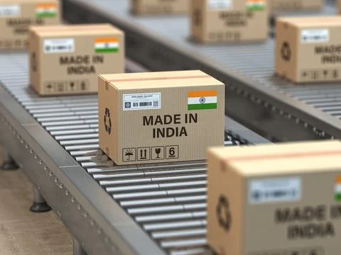 Made in India. Cardboard boxes with text made in India and  indian flag on .. Stock Illustration