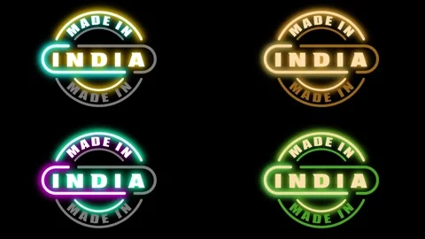 Made in India four bright blinking icons on blue background. Stock Footage 314463403