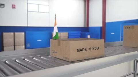 Made in INDIA import and export concept. Cardboard boxes with product from .. Stock Illustration