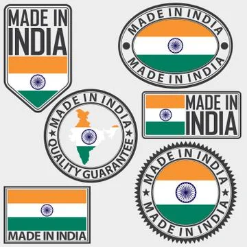 Made in India label set with flag, vector illustration Illustrazione stock