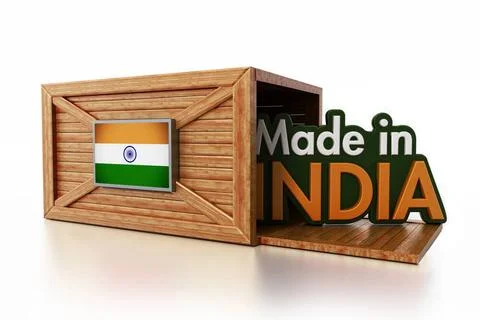 Made in India text inside cargo box with Indian flag. 3D illustration Made... Stock Photos
