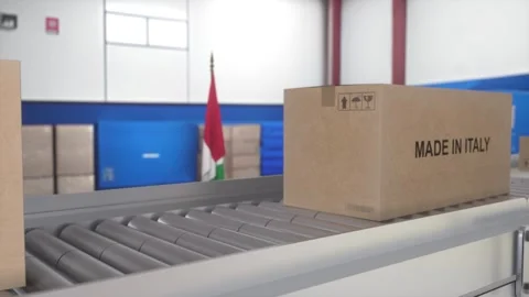 Made in ITALY import and export concept. Cardboard boxes with product from ITALY Stock Footage 245755142