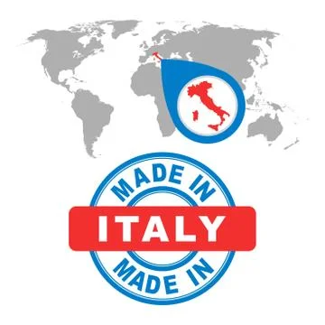 Made in Italy stamp. World map with red country. Vector emblem in flat style  Stock Illustration