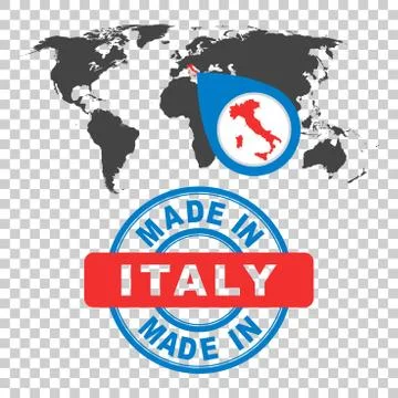 Made in Italy stamp. World map with red country. Vector emblem in flat style  Stock Illustration