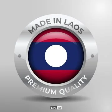 Made in Laos Label, Logo, Stamp Round Flag of Nation with 3D Silver Stock Illustration