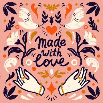 Made with love symmetric vector composition - vintage elements in stamp style on Stock Illustration