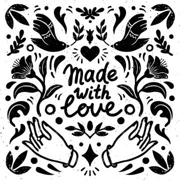 Made with love symmetric vector composition - vintage elements in stamp style on Stock Illustration
