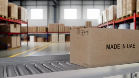 Made in MADE IN UAE import and export concept. Cardboard boxes with product from Stock Footage 249622477