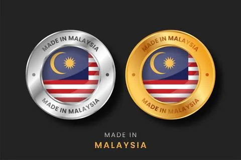 Made in Malaysia Flag Badge Set Gold and Silver Round Metallic Labels for P.. Stock Illustration