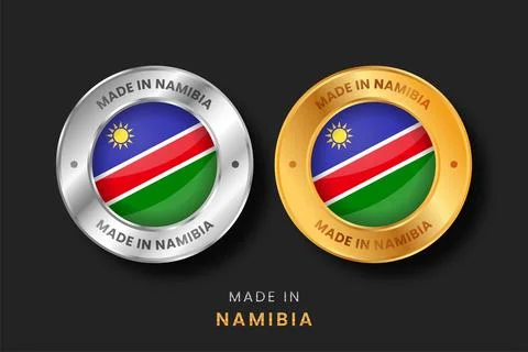Made in Namibia Flag Badge Gold and Silver Round Metallic Labels for Produc.. Illustrazione stock