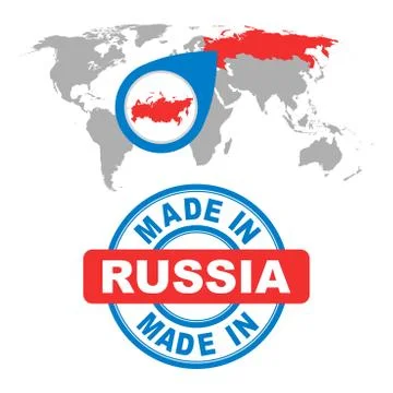 Made in Russia stamp. World map with red country. Vector emblem in flat style Stock Illustration