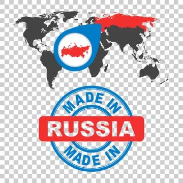 Made in Russia stamp. World map with red country. Vector emblem in flat style Stock Illustration