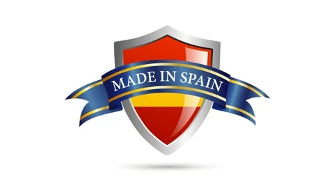 Made in Spain shield with flag and ribbon with text. 2D animation. Clip foota Stock Footage 139205385