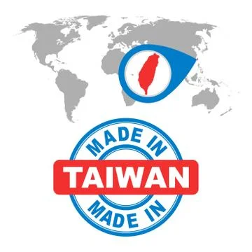 Made in Taiwan stamp. World map with red country. Vector emblem in flat style Stock Illustration