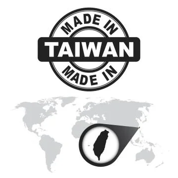 Made in Taiwan stamp. World map with zoom on country. Vector emblem in flat s Stock Illustration