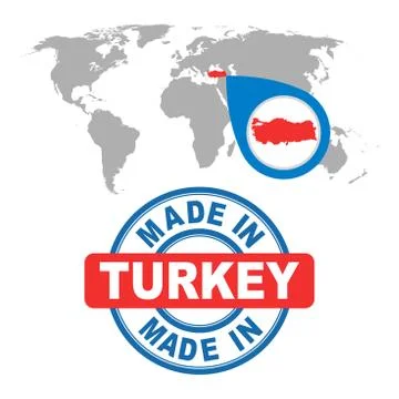 Made in Turkey stamp. World map with red country. Vector emblem in flat style Illustrazione stock