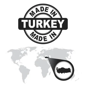 Made in Turkey stamp. World map with zoom on country. Vector emblem in flat s Stock Illustration