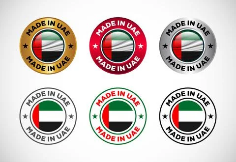 Made in UAE label icon with flag. Icon set for business, badge, seal, stick.. Stock Illustration