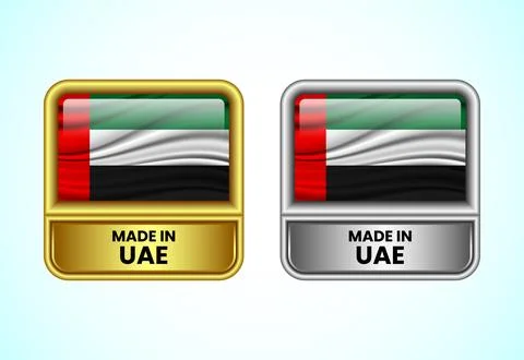 Made in UAE label icon in gold and silver color. Flag icon set for business Stock Illustration