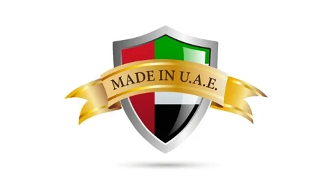 Made in UAE shield with flag and ribbon with text. 2D animation. Clip footage Stock Footage 139205423