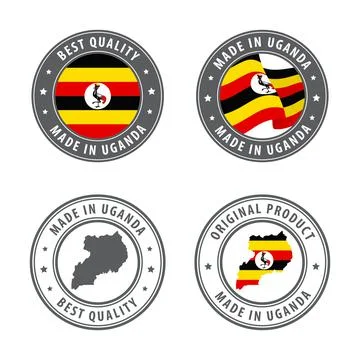 Made in Uganda - set of labels, stamps, badges, with the Uganda map and flag Stockillustratie