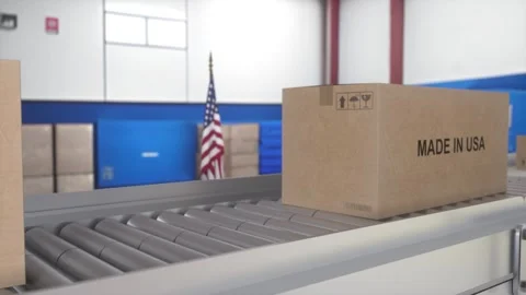 Made in USA import and export concept. Cardboard boxes with product from America Stock Footage 242194028