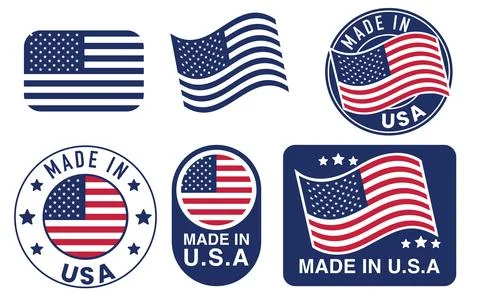 Made in USA label collection. Set of flat isolated stamp made in USA. Stock Illustration