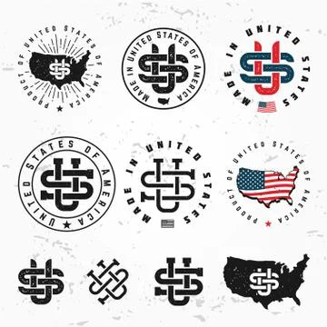 Made in USA monogram vector set. Vintage America logo design. Retro United Stock Illustration