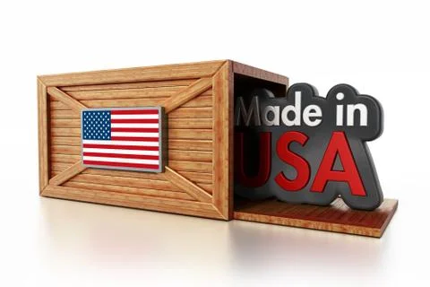Made in USA text inside cargo box with American flag. 3D illustration Illustration
