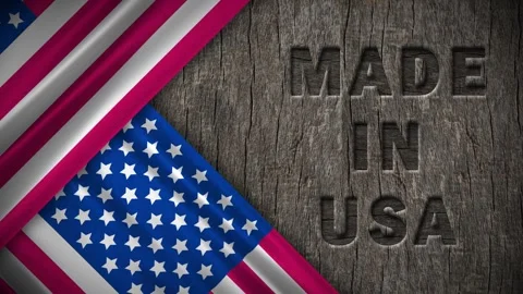 Made in usa text in wooden background and two flag of usa Stock Footage 310399068