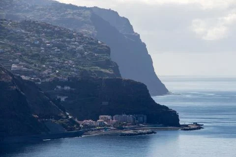 Madeira coastline cliffs Hiking small trail sea Stock Photos