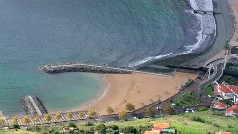 Madeira. Machico. Top view of the beach and pier Stock Footage 164614537