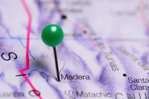 Madera pinned on a map of Mexico Stock Photos
