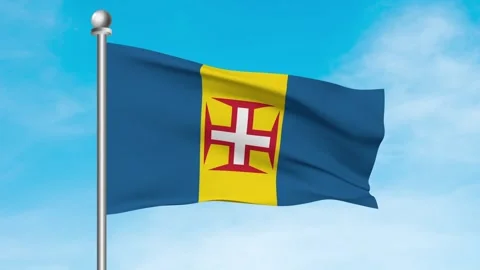 Maderia Flag Waving In Blue Sky Front View Stock Footage 240651285