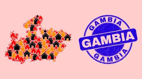 Madhya Pradesh State Map Mosaic of Flame and Buildings and Textured Gambia Stamp Ilustración de archivo