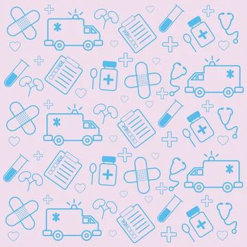 Madical pattern patch ambulance kidney notebook test rube bottle stethoscope Stock Illustration
