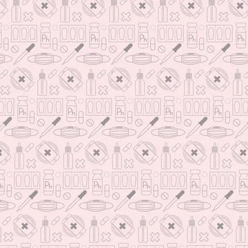 Madical pattern with pills mask phone suppositories pipette cross bottles Stock Illustration