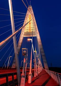 Madieri cable-stayed bridge in Budapest, evening twilight, bridge lighting Stock Photos