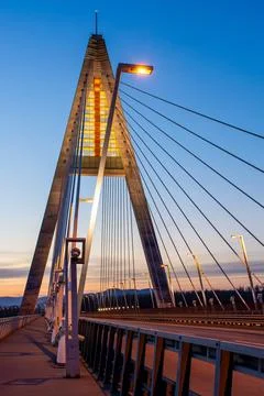 Madieri cable-stayed bridge in Budapest, evening twilight, bridge lighting Stock Photos