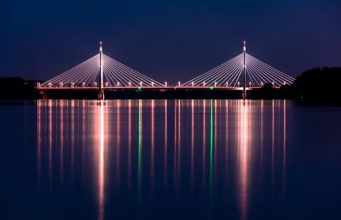 Madieri cable-stayed bridge in Budapest, evening twilight, bridge lighting Stock-Fotos