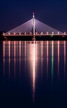 Madieri cable-stayed bridge in Budapest, evening twilight, bridge lighting Stock Photos