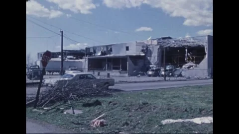 MADISON - 1974: Tornado Aftermath — Bare shop joists behind bent stop sign Stock Footage 342230384
